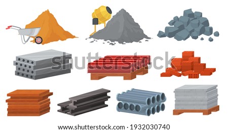 Construction materials set, flat vector illustration. Pile of sand, cement, stones, bricks. Concrete mixer. Stack of gypsum blocks, metal roof, tile, wooden planks. Materials for building industry.