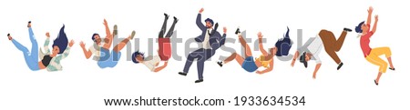 Falling male and female character set, flat vector illustration. Shocked falling down people because of stumbling, slipping, accident, injury. Slippery, danger, risk.