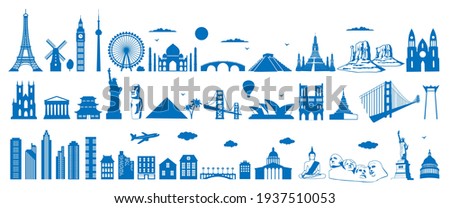 World famous architecture landmarks silhouettes, vector illustration. Travel, tourist attractions, monuments. Eiffel Tower, Big Ben, Statue of Liberty, Taj Mahal,Egypt pyramid.