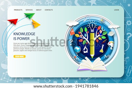 Education landing page design, website banner template. Vector illustration in paper art craft style. Open book, tree of knowledge, pencil, science symbols and school supplies. Online education.