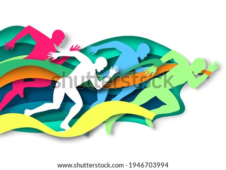 Marathon runner, sprinter, winner silhouettes, vector illustration in paper art style. Marathon finish line. Champion. Sprint, long distance race competition. Track and field.