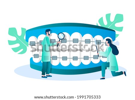 Doctor orthodontist tiny characters examining huge human teeth with braces, flat vector illustration. Dental brackets. Orthodontics, orthodontic treatment, bite correction concept. Stock foto © 