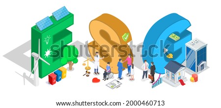 Environmental, social and corporate governance typography banner template, flat vector isometric illustration. ESG business company criteria. Sustainable, ethical business investing.