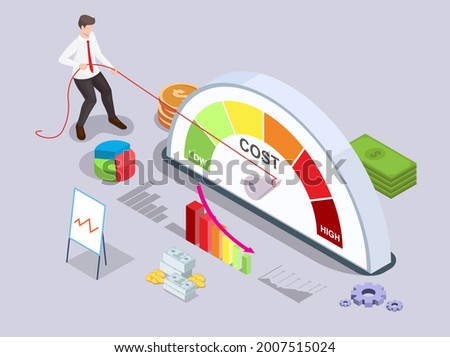Businessman turning quality meter arrow back with rope from high to low level, flat vector isometric illustration. Price management. Cost reduction strategy.