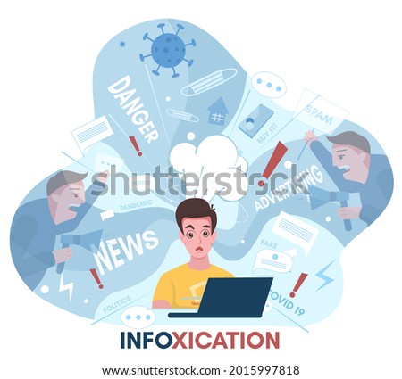 Young man overloaded with news from internet, social networks, flat vector illustration. Politics, covid-19, advertising. Too much information blows his mind. Information overload, infoxication.