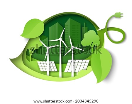 Green leaf with windmills and solar panels, trees, city building silhouettes, vector illustration in paper art style. Save environment, ecology. Green energy concept.