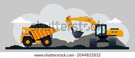 Excavator and dump truck working at coal mine, flat vector illustration. Open pit mine or quarry, extraction machinery and transport. Coal mining process and transportation.