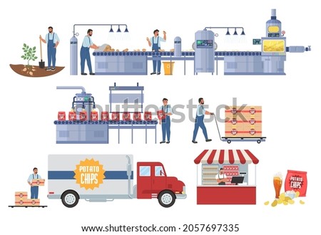 Potato chips production infographic, flat vector illustration. Vegetable harvesting. Potato chip making plant processing and packaging line. Distribution, sale, consumption. Food industry.
