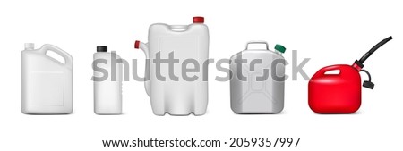 Blank plastic canister, container for liquid products mockup set, vector isolated illustration. Engine oil, chemicals, cleaners, detergents plastic packaging bottle templates.