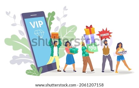 Happy shopper coming out of mobile phone with gifts, discount coupon, bonuses, flat vector illustration. Online shopping rewards. Customer attraction loyalty programs.