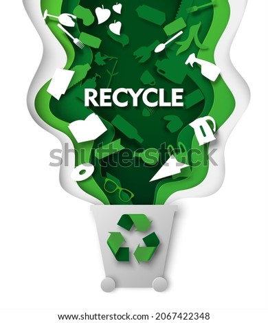 Trash can with plastic garbage and green recycle sign, vector illustration in paper art craft style. Waste reuse and recycle. Save environment.