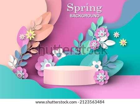 Round display podium mockup, paper cut spring flowers and leaves, vector illustration. Spring floral background, pedestal, stage for beauty and cosmetic product ads. Foto d'archivio © 