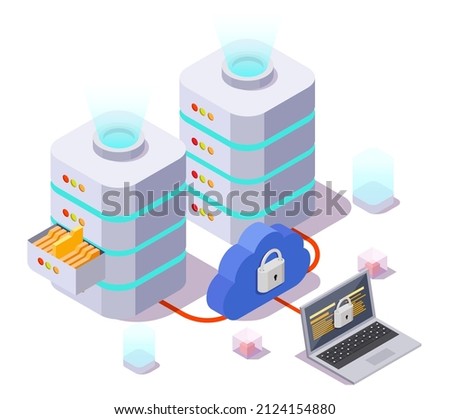 Server racks, laptop computer and cloud with locks, flat vector isometric illustration. VPN, Virtual Private Network, internet security.