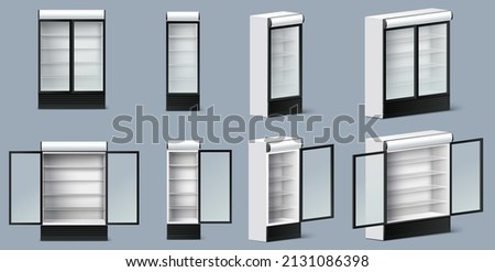 Supermarket or grocery store refrigerator mockup set, vector isolated illustration. Realistic open and closed glass door commercial display fridges. Empty freezer equipment for food and drink storage.