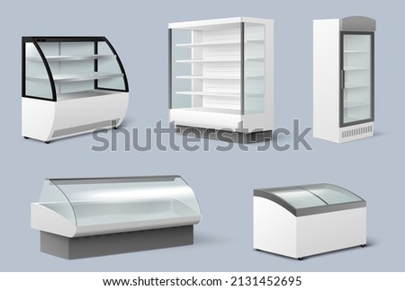 Commercial display refrigerator mockup set, vector isometric illustration. Realistic empty retail display fridge for supermarket or grocery store.