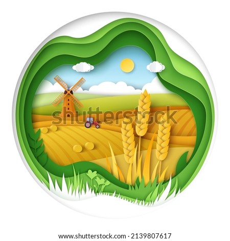 Farm vector logo. Ranch with organic field. Rural landscape with tractor, mill and barley or wheat hills. Farmhouse in countryside. Paper cut style