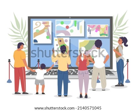 Virtual art gallery vector. Online museum tour concept. People viewing digital exhibition on computer screen. Famous artwork auction. Web tourism