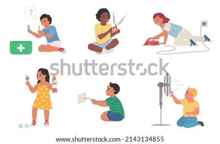 Kids in dangerous situations isolated vector set. Children playing with pills, sharp objects, electric home appliance, alcohol