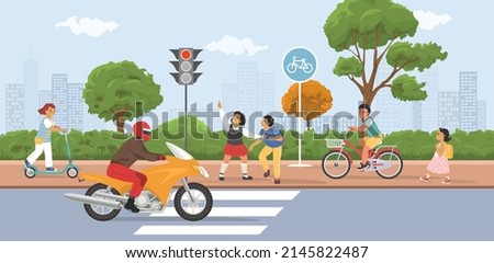 Children at pedestrian crosswalk vector illustration. Kid safety and street traffic rules. Schoolgirl and schoolboy on sidewalk, looking at red traffic light before crossing highway