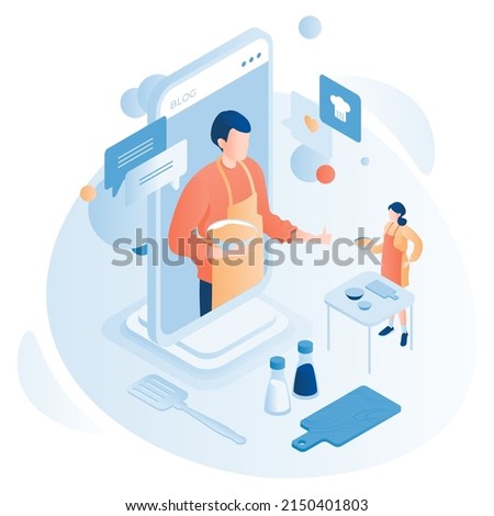Woman watching cooking video blog on mobile phone. Food blogger giving new recipe and female follower isometric vector. Education masterclass, virtual tutorial for meal preparation learning