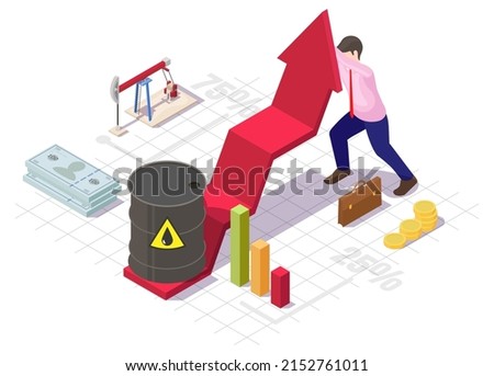 Oil price growth vector scene. Businessman arrow growing up. Petroleum tank container, statistic chart and graph stock trade market, money cash stack flat design