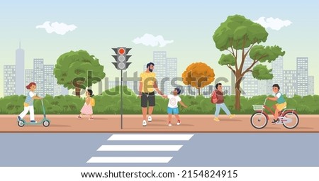 Children moving on street scene. Vector father with kid walking road crosswalk. City background