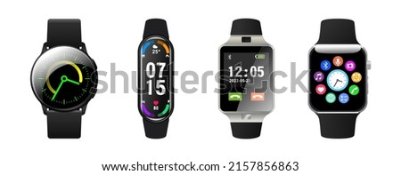 Smart watch realistic vector. Wrist wearable clock with touch screen display interface set. Hand wearing device for health, time and sport indicator tracking. Smartwatch accessory 3d illustration