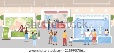 Business startup exhibition and trade show vector illustration. Technology event. Creative solution presentation