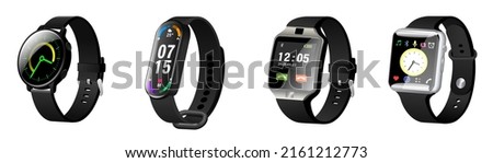 Smartwatch hand wearable accessory realistic set. Smart wrist watch sideways view. Modern electronic band with different indicator, function and opportunities vector illustration