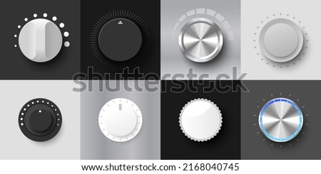 Round adjustment rotary dial vector. Volume level knob or switcher realistic mockup set. Min and Max radial selector, sound or power controller illustration