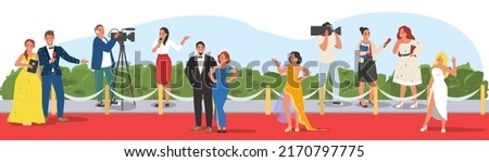 Celebrities walking on red carpet cartoon vector. People star posing to paparazzi and fan photographing on camera illustration. Movie festival, cinema or music party event, fashion show concept