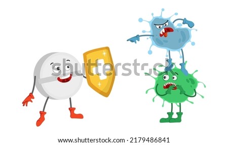 Cute pill tablet superhero character with shield fighting against virus, microbe and bacteria vector illustration. Medical kid doctor drug holding back disease enemy isolate on white background