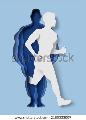 Man running out of fat body paper cut craft art vector. Weight loss program. Male silhouette with fat and slim body. Sport lifestyle, fitness exercise for being strong and healthy concept