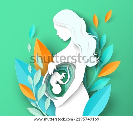 Pregnant woman with baby fetus growing inside vector poster in paper cut style. Mother expecting child. Female silhouette and plant leaves illustration. Motherhood or medical pregnancy concept