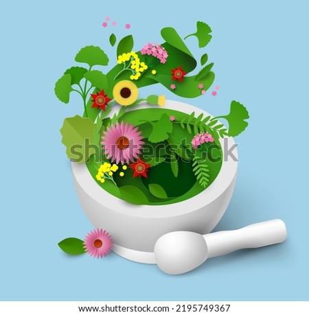 Mortar and pestle with herbal leaf papercut vector illustration. Alternative herbal medicine, aromatherapy, spa procedure and natural healing concept Сток-фото © 
