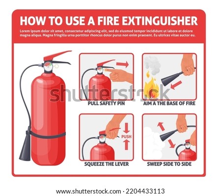 How to use fire extinguisher vector manual infographic. Flame fighting usage information illustration. Warning, security scheme help to operate emergency equipment