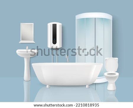 Bathroom realistic vector modern design interior illustration. Bath, toilet, sink with mirror, shower cabin, water boiler equipment. Sanitary engineering and plumbing concept