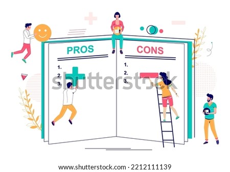 Pros and cons, advantage and disadvantage consideration vector illustration. Bad and good idea, plus and minus, negative or positive opinion. Tiny people solving problem over huge notebook design