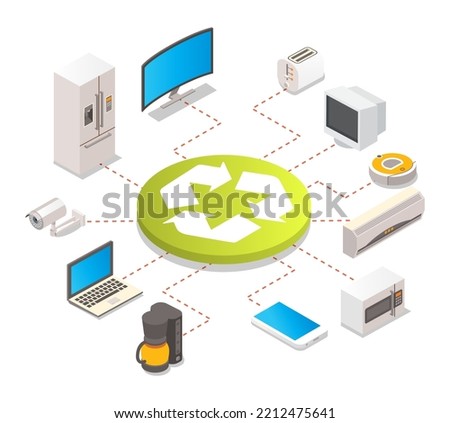 Electronics recycling 3d vector. E-waste for recycle and environment save infographic. Electronic appliance, smart device and gadget used material processing and recast illustration