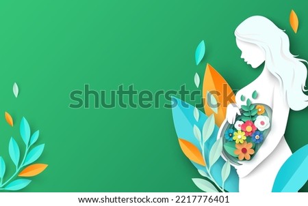 Pregnant woman with flower in stomach vector. Happy pregnancy, childbearing and maternity concept. Young girl expecting child birth feeling baby kick illustration