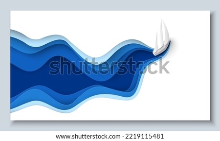 Paper cut sail boat over sea wave vector. 3d craft art design. Travel background. Water cruise illustration. Nautical voyage, tour on yacht during vacation time advertisement
