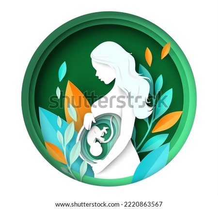 Pregnant woman vector. Young mother with baby in stomach paper cut art craft 3d illustration. Happy pregnancy and maternity concept. Beautiful girl waiting child birth