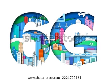 Network 6g technology vector. High speed wireless connection. Digital communication, telecommunication and global internet concept. Creative number poster with cityscape design