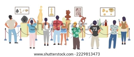 People at museum art gallery vector illustration. Visitor group of tourist looking at painting picture, exhibit expo, photo artwork of ancient prehistoric fossils