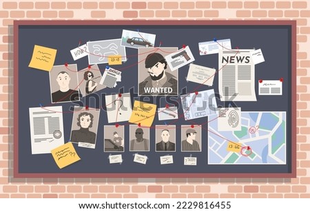 Detective board with pins and evidence vector. Cops crime investigation plan illustration. Map with criminals, newspaper, note and structural analysis on room wall