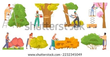 Professional gardener pruning tree vector. Garden worker cares of plant cutting bush, sawing trunk, mowing grass isolated set on white background. Gardening and landscaping work
