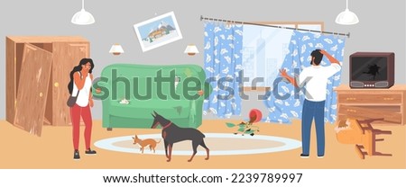 Bad dog and puppy behavior problem vector illustration. Naughty pet in dirty messy room with damaged furniture and frustrated upset man woman owner characters
