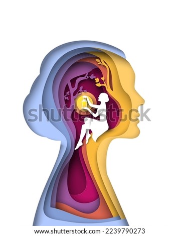 Inner world vector illustration. Female silhouette holding glowing lantern inside woman head paper cut art style. Self care, psychology and mental health concept