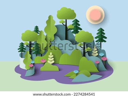 Summer forest nature landscape vector illustration. Woodland natural background paper cut origami style. Save the world with ecology and environment conservation concept
