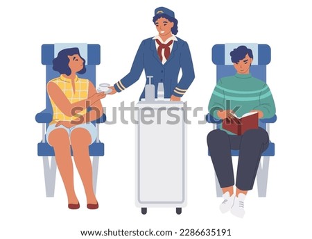 High quality flight service vector illustration. Cartoon stewardesses giving drinks to passengers inside airplane. Plane board interior. Aircraft concept